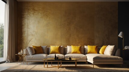 Wall Mural - gold theme accent color empty living room interior minimalist concept design with sofa with morning sunlight from Generative AI