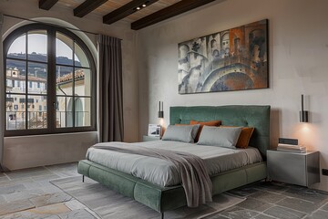 Wall Mural - Elegant modern bedroom interior with a large bed, stylish furnishings, and a scenic view through the arched window.