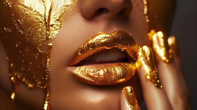 closeup beauty art portrait fantastic golden professional makeup woman, lips skin hands with paint drops liquid gold. Fashion model sexy face goddess.