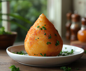 Uma Coxinha salgado  brasileiro em um prato branco encima d e uma mesa rÚstica. 