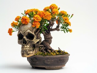 Bonsai skull with marigolds, Dia de Muertos, floral Day of the Dead decoration.
