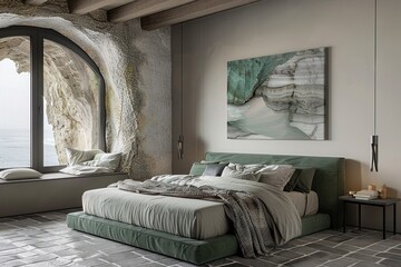 Wall Mural - Modern bedroom interior with a cozy bed, art on the wall, and a scenic view through a large arched window.