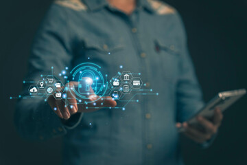 Poster - Lock icon and internet network security technology. Cybersecurity and privacy concepts to protect data. Businessman protecting personal data on smart phone with virtual screen interfaces.