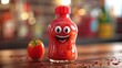 3D mascot of cute ketchup, vibrant red, squeeze bottle with a playful grin, ready to add flavor