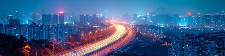 Wall Mural - Futuristic city skyline at night, with illuminated highways showcasing urban movement and speed.