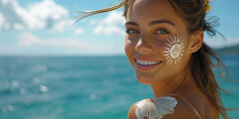 Wall Mural - A cute and joyful woman smiles while applying sunscreen, enjoying a summer beach vacation.