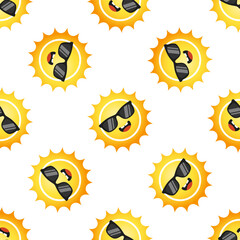 Wall Mural - Yellow laughing sun in black sunglasses on white background. Vector seamless pattern. Best for textile, print, wrapping paper, package and your design.