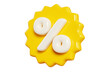 Yellow starburst sticker with percent sign floating in air. 3D render illustration