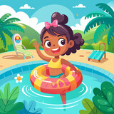 Fototapeta Do akwarium - Cute little girl in colorful swimsuit and sunglasses resting on an inflatable toy ring floating in the pool