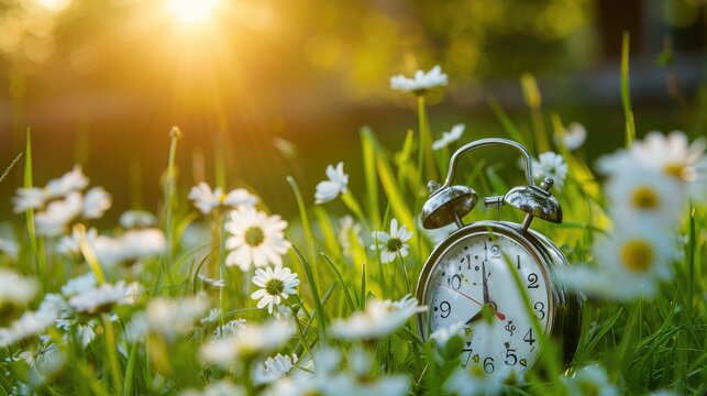 spring forward Spring time change. Daylight saving time. Alarm clock on beautiful nature background with green grass and white flower meadow.