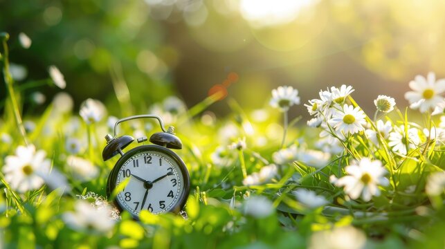 spring forward Spring time change. Daylight saving time. Alarm clock on beautiful nature background with green grass and white flower meadow.