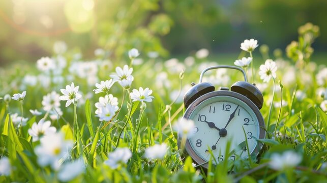 spring forward Spring time change. Daylight saving time. Alarm clock on beautiful nature background with green grass and white flower meadow.
