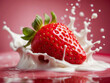 red strawberry fresh ripe fruit splashing in yogurt
