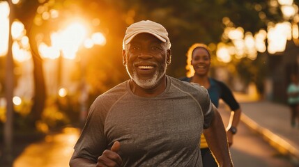 portrait of a happy african american senior man running in the morning. generate ai image