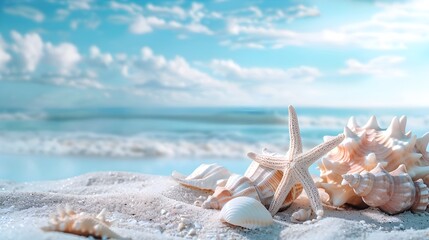 Wall Mural - Summer beach with starfish and shells
