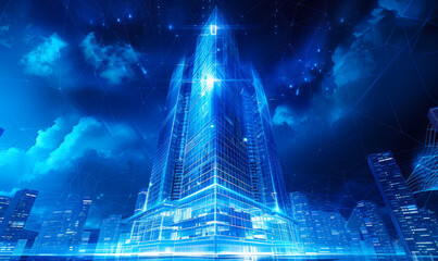 Poster - futuristic high rise office building blueprints, 3d wireframe architecture concept on digital blue b