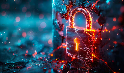 Poster - glowing, electrified padlock surrounded by fractal energy beams and chaotic particles, symbolizing t
