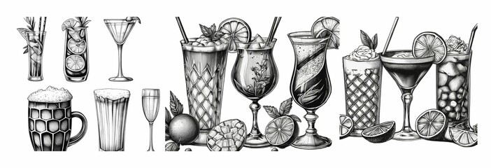 Black and white engrave isolated drink set illustration