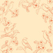 rosy background with birds on branches. Vector banner. Floral illustration. Spring garden.