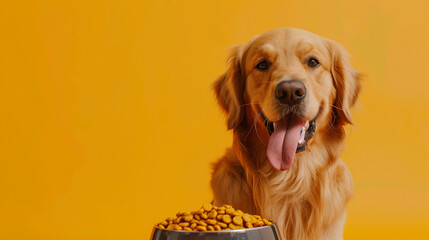 Wall Mural - Portrait of a golden retriever Sitting in front of a plate of food against a yellow background