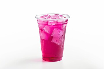 Poster - Highball glass with pink liquid, ice cubes on white background