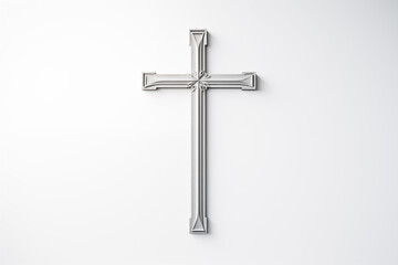 Christian religious metal cross on white background. Christian religious crucifix on white background. Topics related to the Christian religion. Topics related to death. Object of worship and belief,