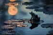 A frog's silhouette against the moon, poised on a lily pad in a tranquil nocturnal pond