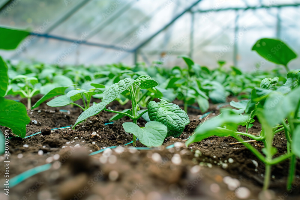 Young green plants growing in soil inside a greenhouse, representing ...