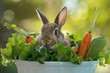 Bunny Breakfast A curious bunny peeks out from behind a bowl overflowing with fresh carrots and leafy greens