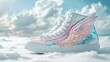 High-top sneakers in soft pastel shades sprouting feathery wings, soaring among clouds