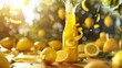 Lemon juice bottle with lemon peel spirals around it and a fruit piece floating above and a splash of juice. An lemon farm background