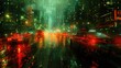 A vibrant cityscape in the rain, with streaks of traffic lights creating a bokeh effect on a wet urban street. Generative AI