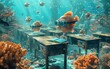 Surreal underwater school scene, with cute fish wearing glasses and reading waterproof books among coral desks