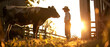 Gentle bond, farmer and cow share a moment, barn light