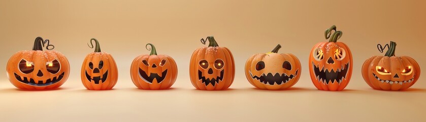 Cute 3D jack o lanterns in various expressions, festive array, room for pumpkin patch adverts