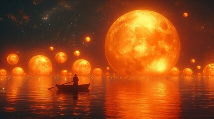 Canvas Print - man on the boat among many glowing moons floating on the sea