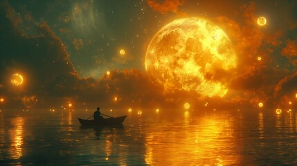 Canvas Print - man on the boat among many glowing moons floating on the sea