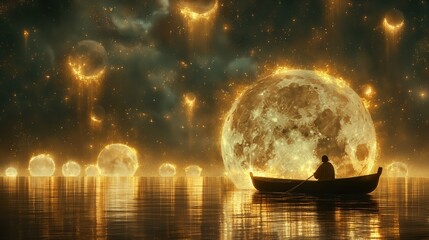 Canvas Print - man on the boat among many glowing moons floating on the sea