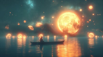 Canvas Print - man on the boat among many glowing moons floating on the sea
