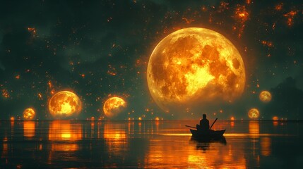 Canvas Print - man on the boat among many glowing moons floating on the sea