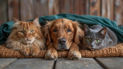 The veterinarian examines a Golden Retriever-style dog and cat at a veterinary clinic. An animal clinic. Check ups and vaccinations for pets.