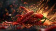 hyperrealistic photo of The spicy chilies are swirling together twisting into a fiery explosion on a dark black background,high quality shot