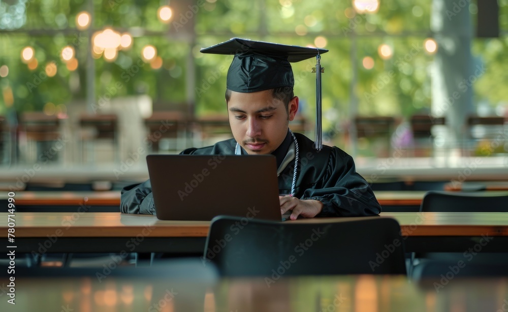 College male student attending a virtual graduation ceremony on a ...