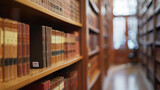 Fototapeta  - Legal office with blurred background, focusing on shelves of law books and documents