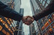 Two business people shaking hands in front of skyscrapers, symbolizing the success and collaboration between corporations, closeup view Generative AI