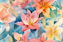 Watercolors Of Lily Flowers, Seamless Pattern Tile.