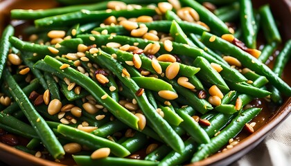 Wall Mural - Sauteed green beans with pine nuts in a baking dish, healthy side dish.
