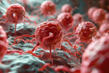 Poster - A digital illustration showing cancer cells with extended tendrils in a predominantly red micro-environment