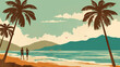 A vintage Travel poster for a tropic beach featuring people walking on the sand next to the sea surrounded by palm trees