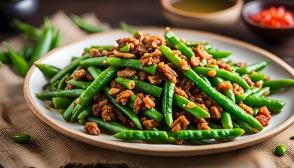 Wall Mural - stir-fried french bean or green bean with minced pork - Asian food style
